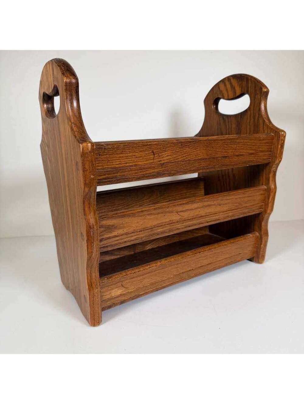 Vintage Solid Oak Magazine Rack Caddy - Rustic Wood Vinyl Record Storage